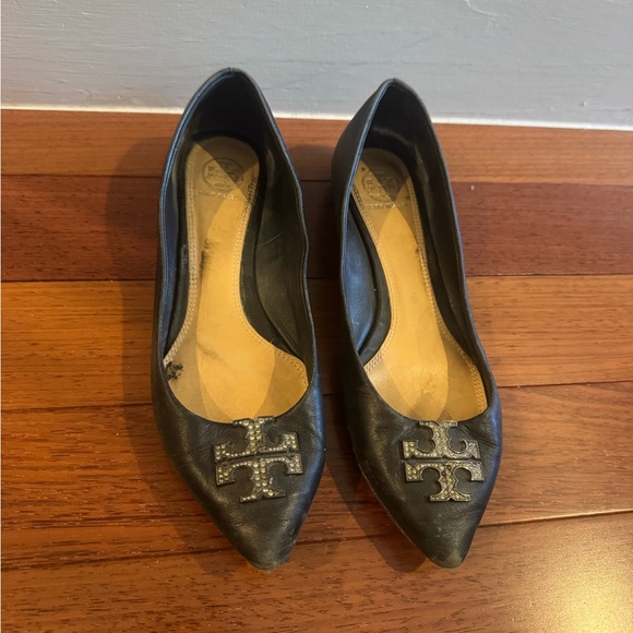 Tory Burch Black Leather Flats with Silver Logo - Picture 1 of 6
